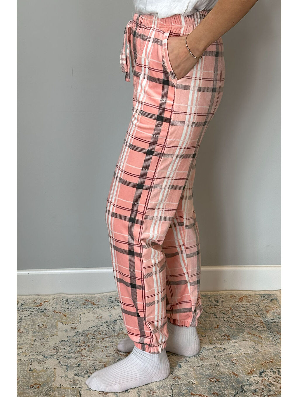 Pembe Kadın Kadife Tek Alt 140 Ekose Pudra-1