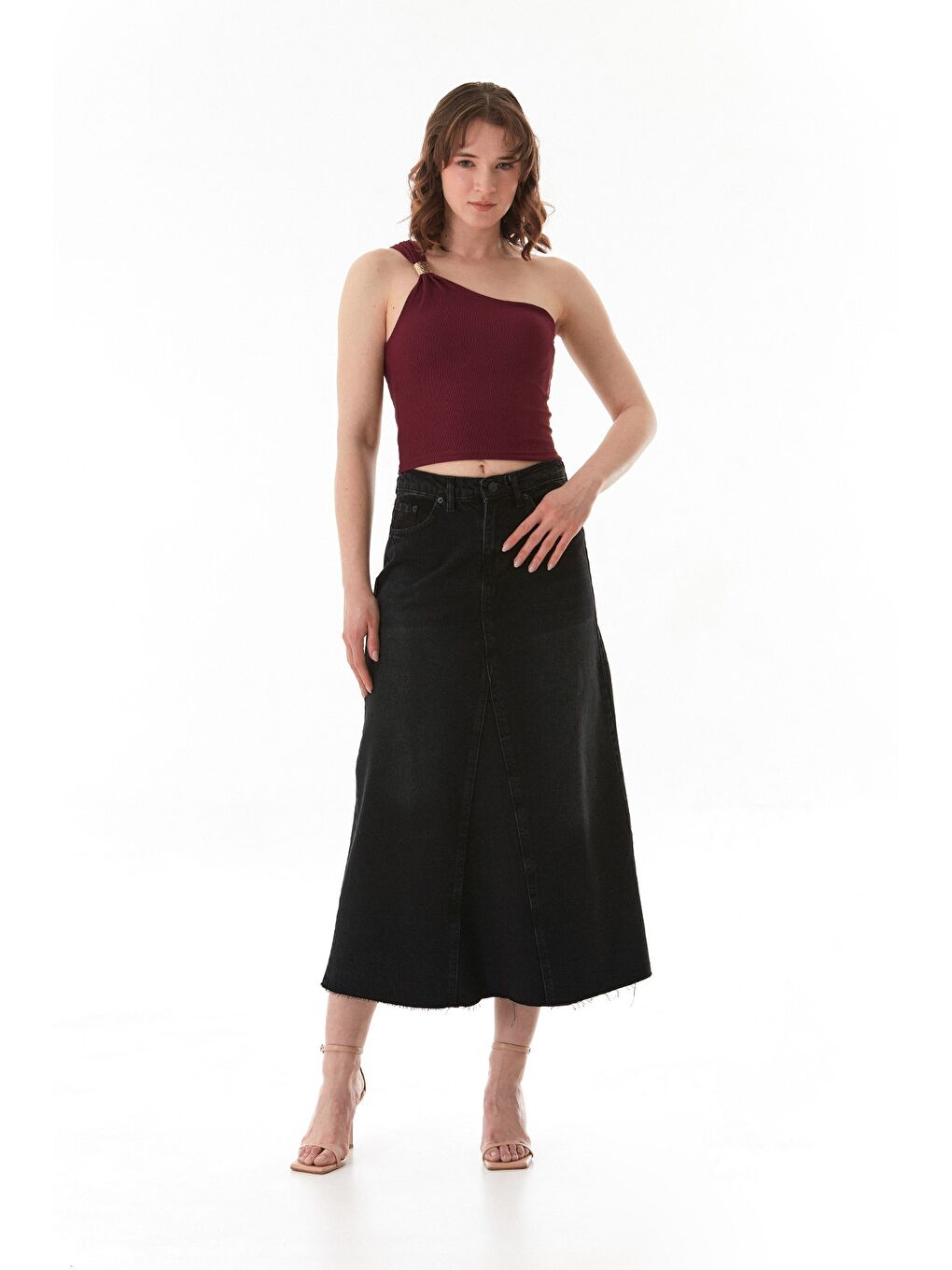 Bordo Fitilli Tek Omuz Toka Detaylı Bluz-2