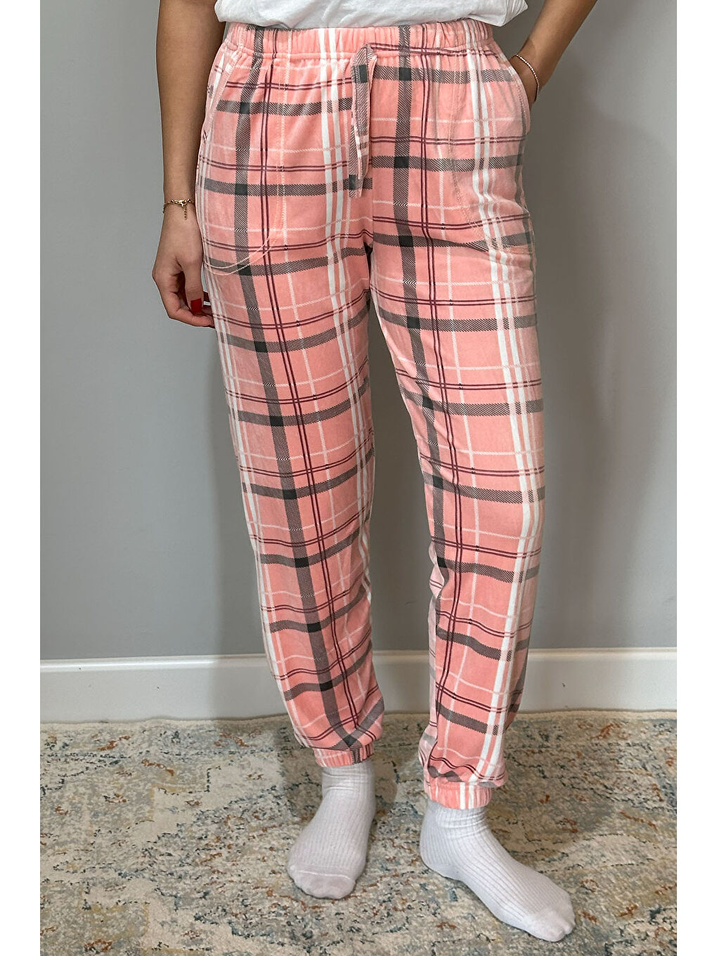 Pembe Kadın Kadife Tek Alt 140 Ekose Pudra-2