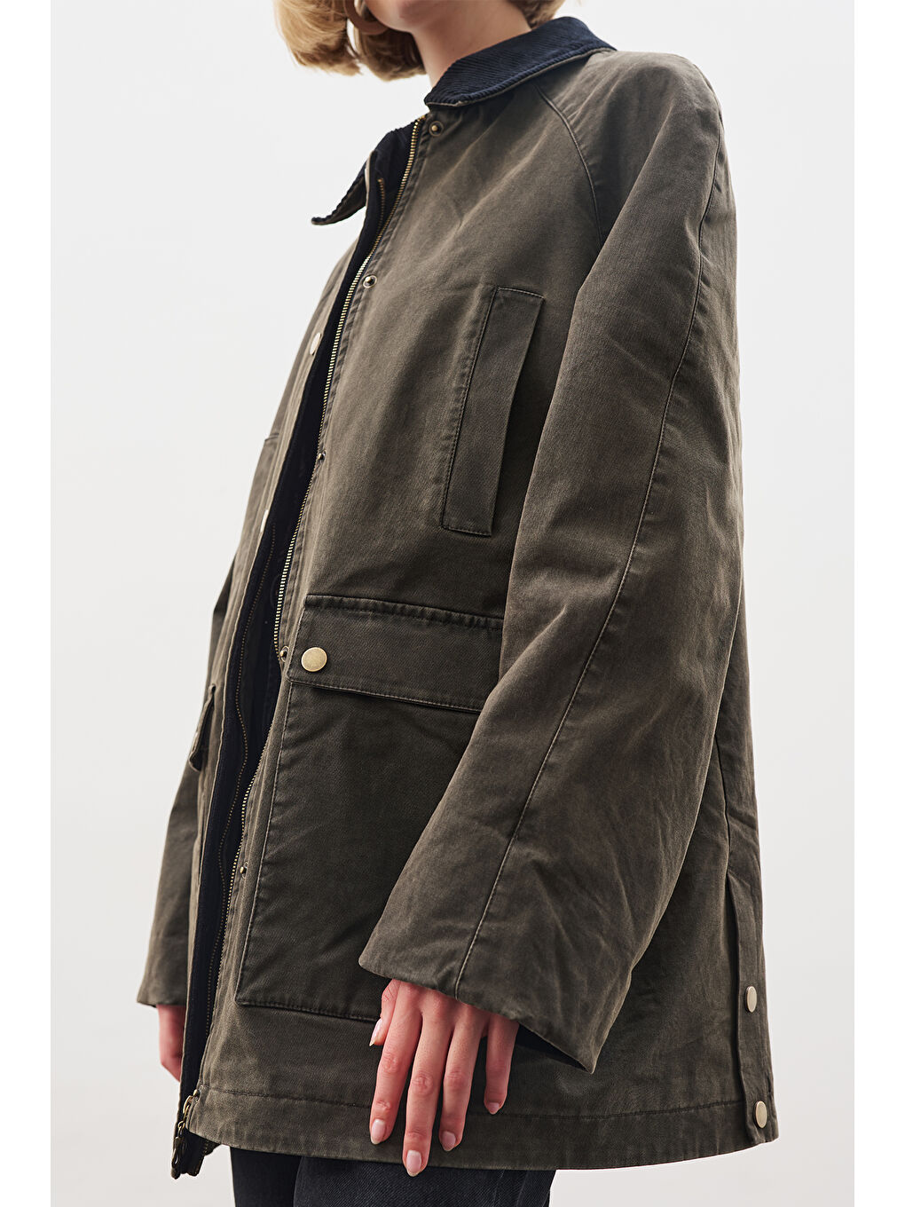 Oversıze Kontrast Yakalı Parka Boz Gri-4