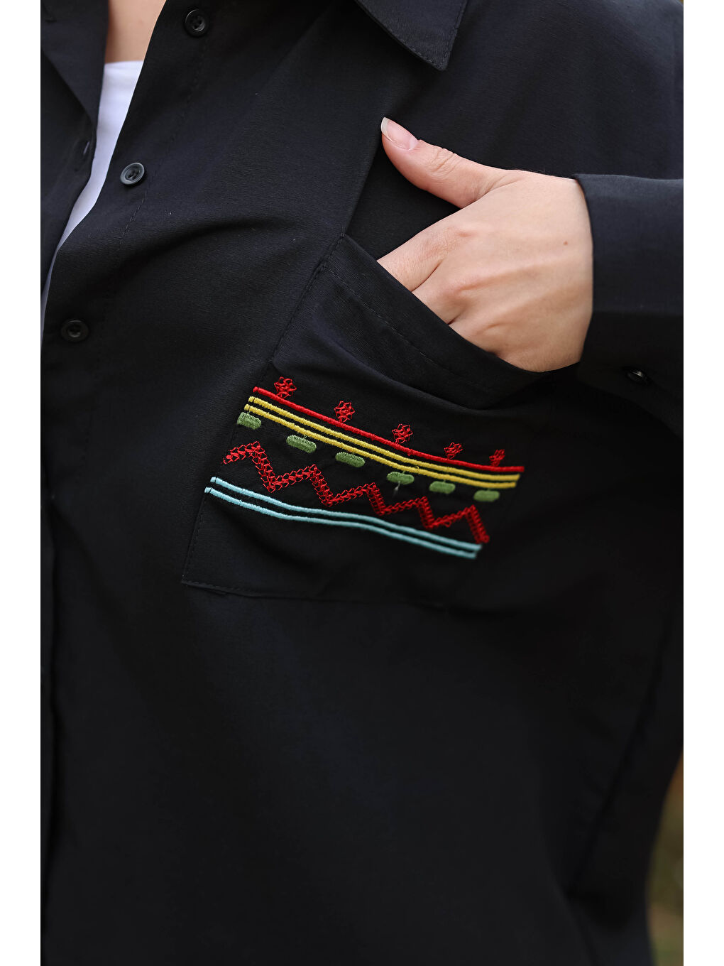 Cep Nakışlı Gömlek Siyah - 13248-3