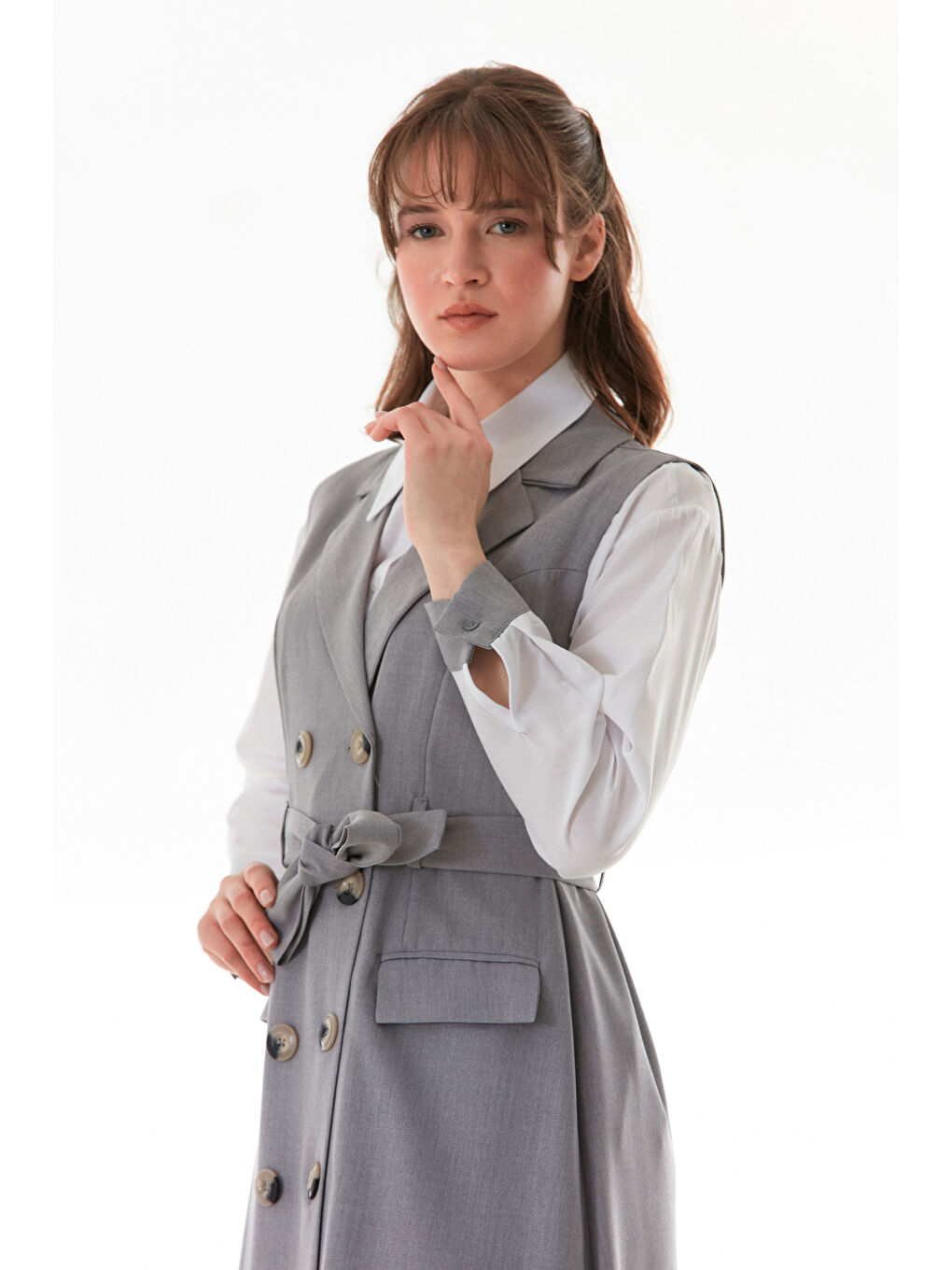 Gri Fullamodest Düğmeli Cepli 2 Li Elbise Gömlek Takım-1