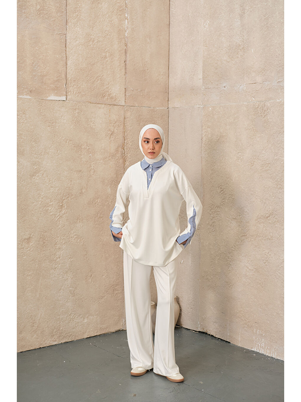 Kadın Gömlek Yaka İkili Takım Beyaz-4