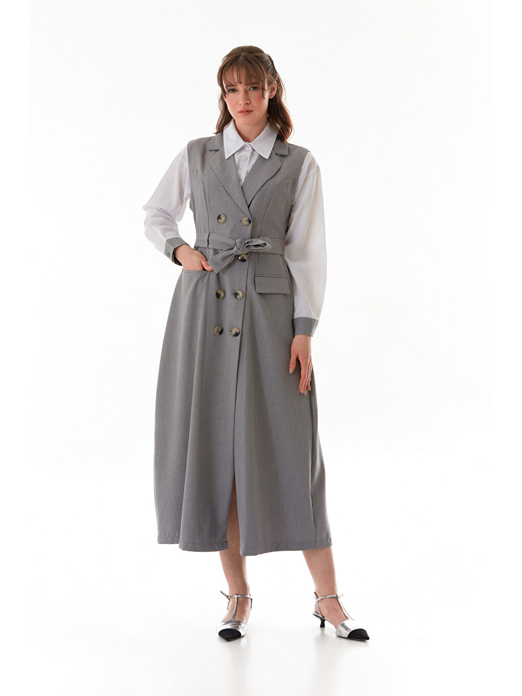 Gri Fullamodest Düğmeli Cepli 2 Li Elbise Gömlek Takım-2