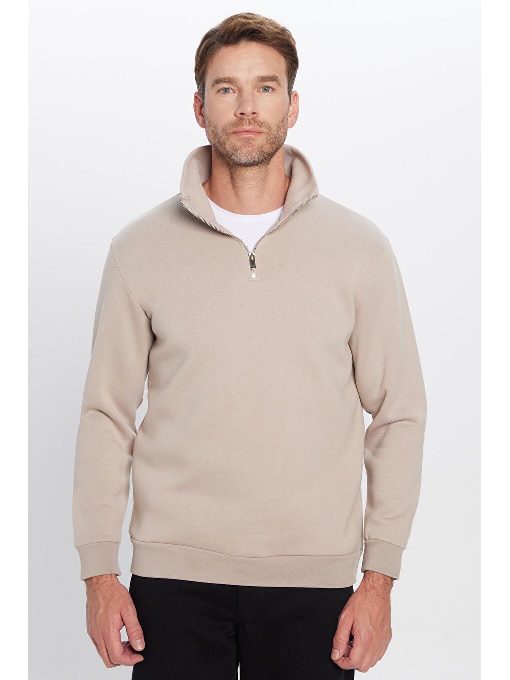 Bej Unisex Relax Fit Rahat Kesim Pamuklu İçi Polarlı Yarım Fermuarlı Taş Renk Dik Yaka Sweatshirt-1