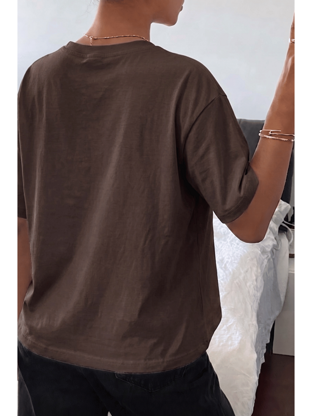 Kahverengi Kadın Tişört Gri Bisiklet Yaka Basic Tişört %100 Pamuk Rahat Kalıp T-shirt BASIC-KADIN-2