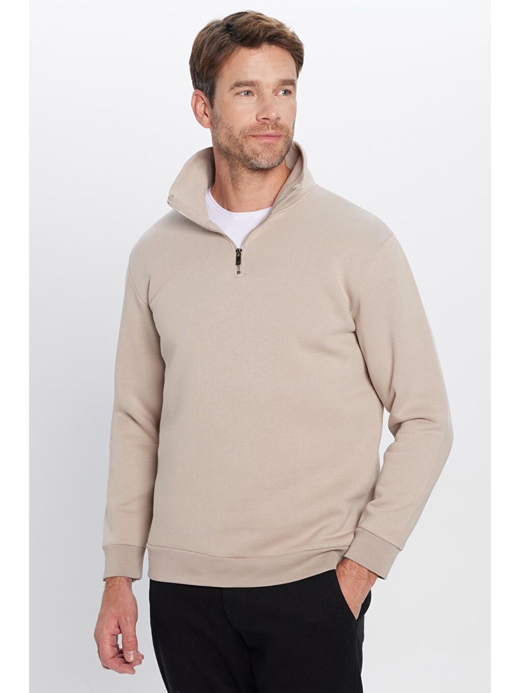 Bej Unisex Relax Fit Rahat Kesim Pamuklu İçi Polarlı Yarım Fermuarlı Taş Renk Dik Yaka Sweatshirt-2