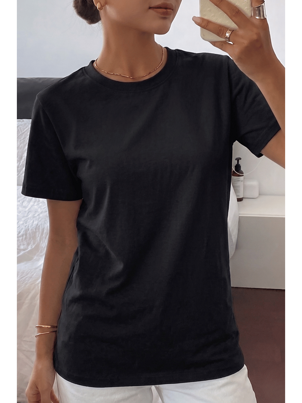 Siyah Kadın Tişört Gri Bisiklet Yaka Basic Tişört %100 Pamuk Rahat Kalıp T-shirt BASIC-KADIN