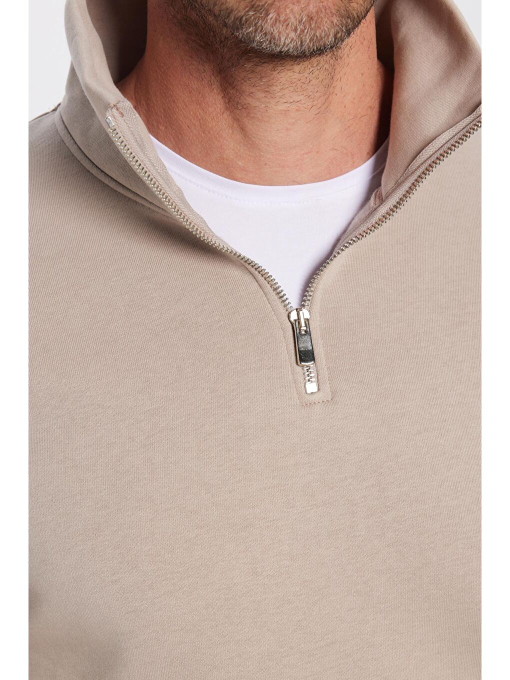 Bej Unisex Relax Fit Rahat Kesim Pamuklu İçi Polarlı Yarım Fermuarlı Taş Renk Dik Yaka Sweatshirt-3