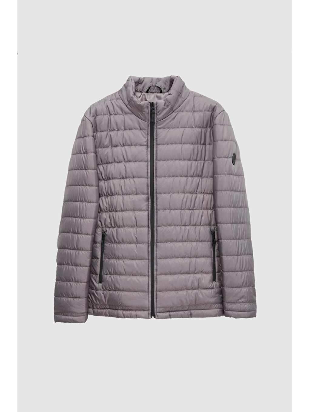 Slim Fit Gri Rüzgar Geçirmez Elyaf Dolgulu Şişme Mont-4
