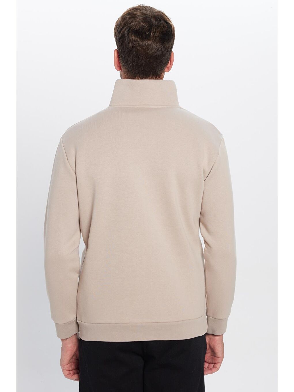Bej Unisex Relax Fit Rahat Kesim Pamuklu İçi Polarlı Yarım Fermuarlı Taş Renk Dik Yaka Sweatshirt-5