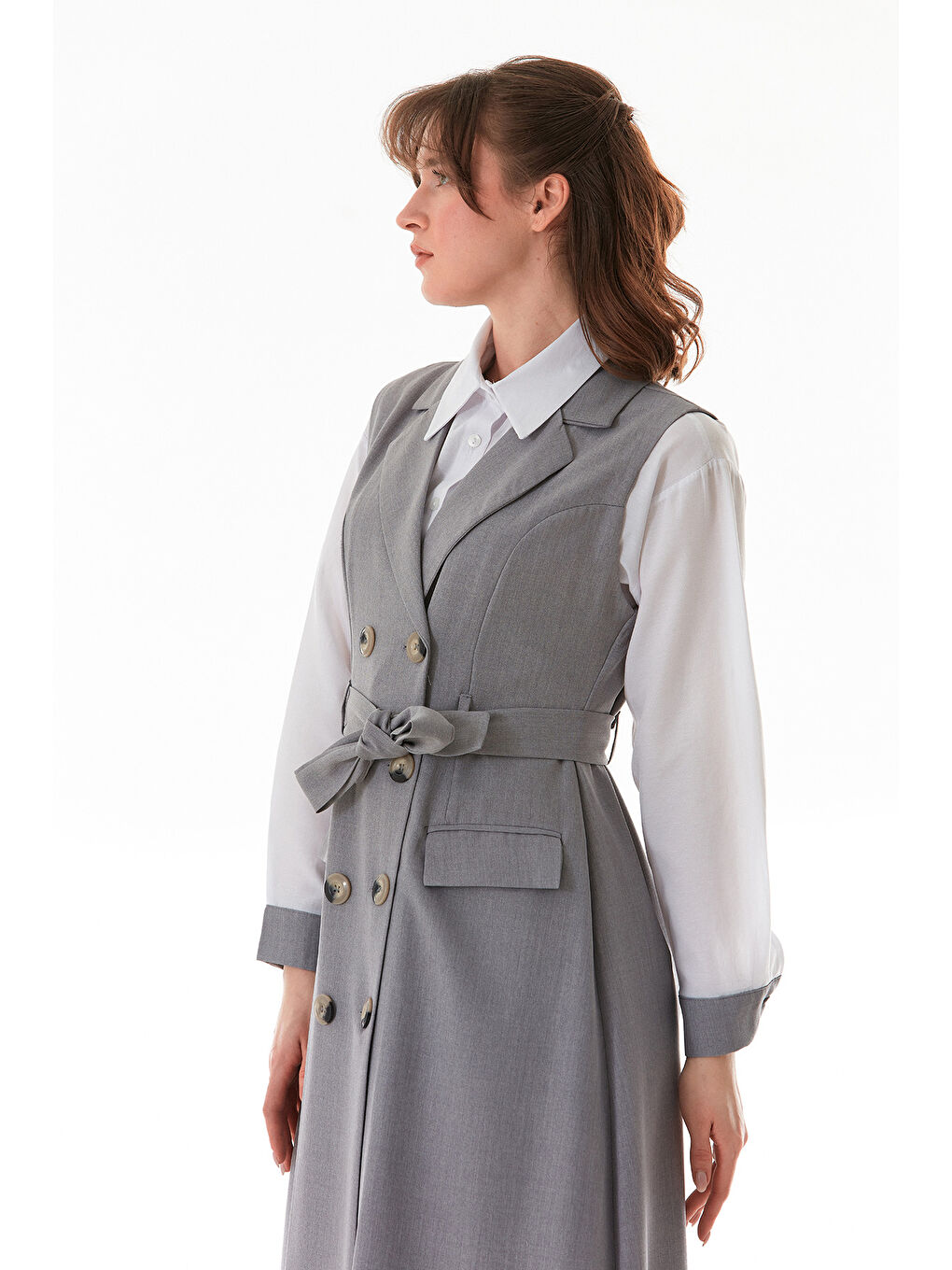 Gri Fullamodest Düğmeli Cepli 2 Li Elbise Gömlek Takım-3