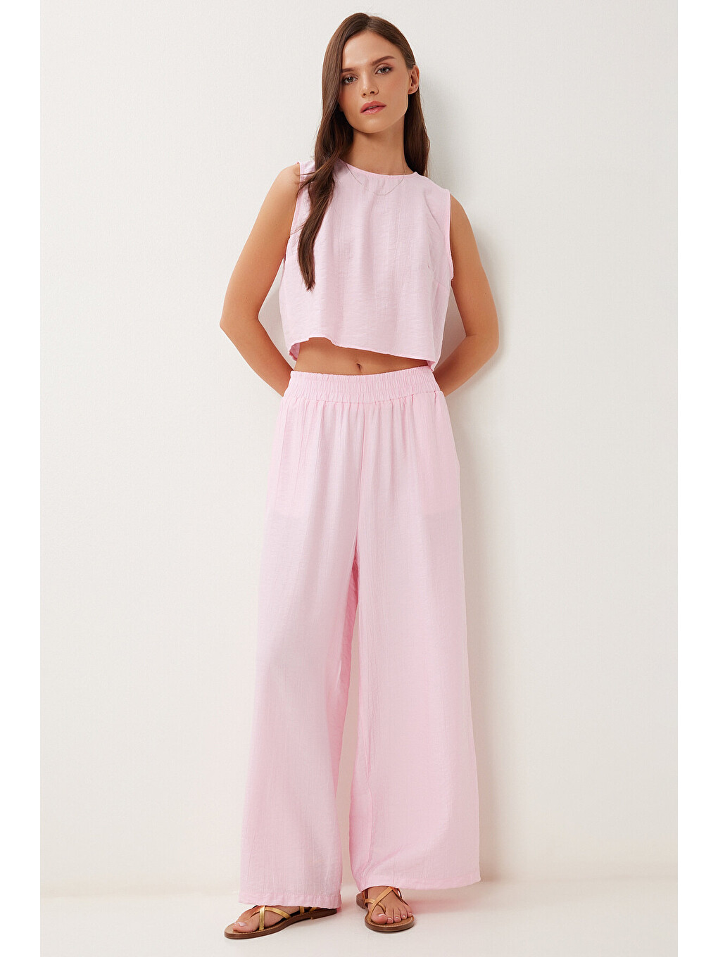 Pembe Bağlama Detaylı Bluz Pantolon Takım ŞEKER PEMBE LRV0104