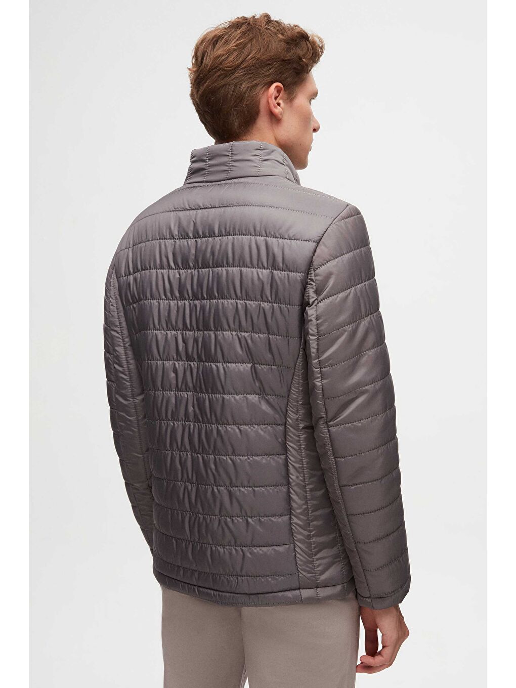 Slim Fit Gri Rüzgar Geçirmez Elyaf Dolgulu Şişme Mont-6
