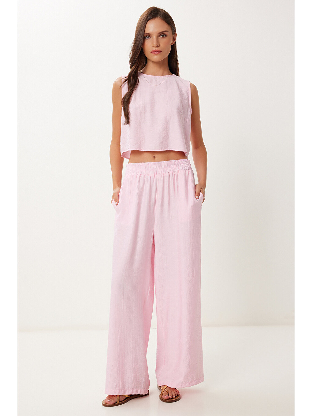 Pembe Bağlama Detaylı Bluz Pantolon Takım ŞEKER PEMBE LRV0104-1