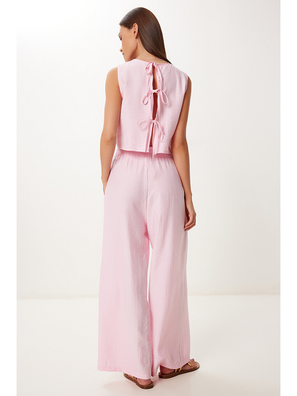 Pembe Bağlama Detaylı Bluz Pantolon Takım ŞEKER PEMBE LRV0104-2