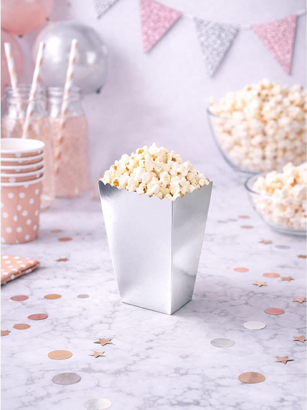 Gri Patlamış Mısır Kutusu Popcorn Kutusu Metalik Gümüş 8'li