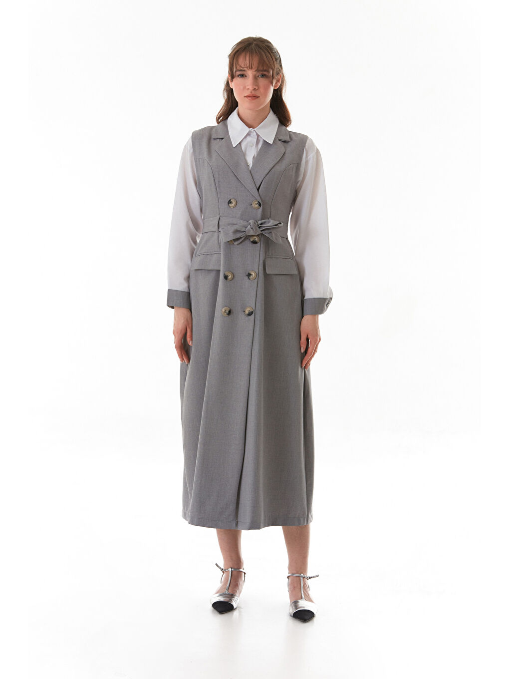 Gri Fullamodest Düğmeli Cepli 2 Li Elbise Gömlek Takım-4