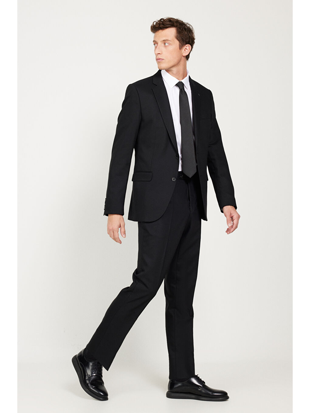 Erkek Siyah Regular Fit Geniş Kesim Mono Yaka Armürlü Takım Elbise-2