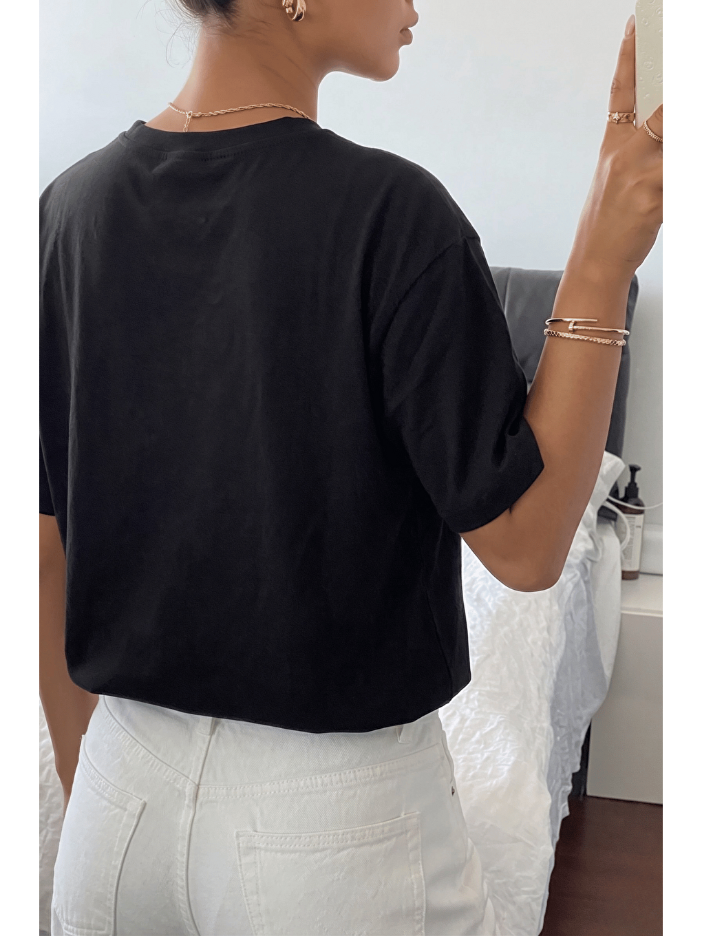 Siyah Kadın Tişört Gri Bisiklet Yaka Basic Tişört %100 Pamuk Rahat Kalıp T-shirt BASIC-KADIN-2