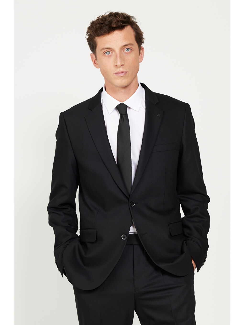 Erkek Siyah Regular Fit Geniş Kesim Mono Yaka Armürlü Takım Elbise-4