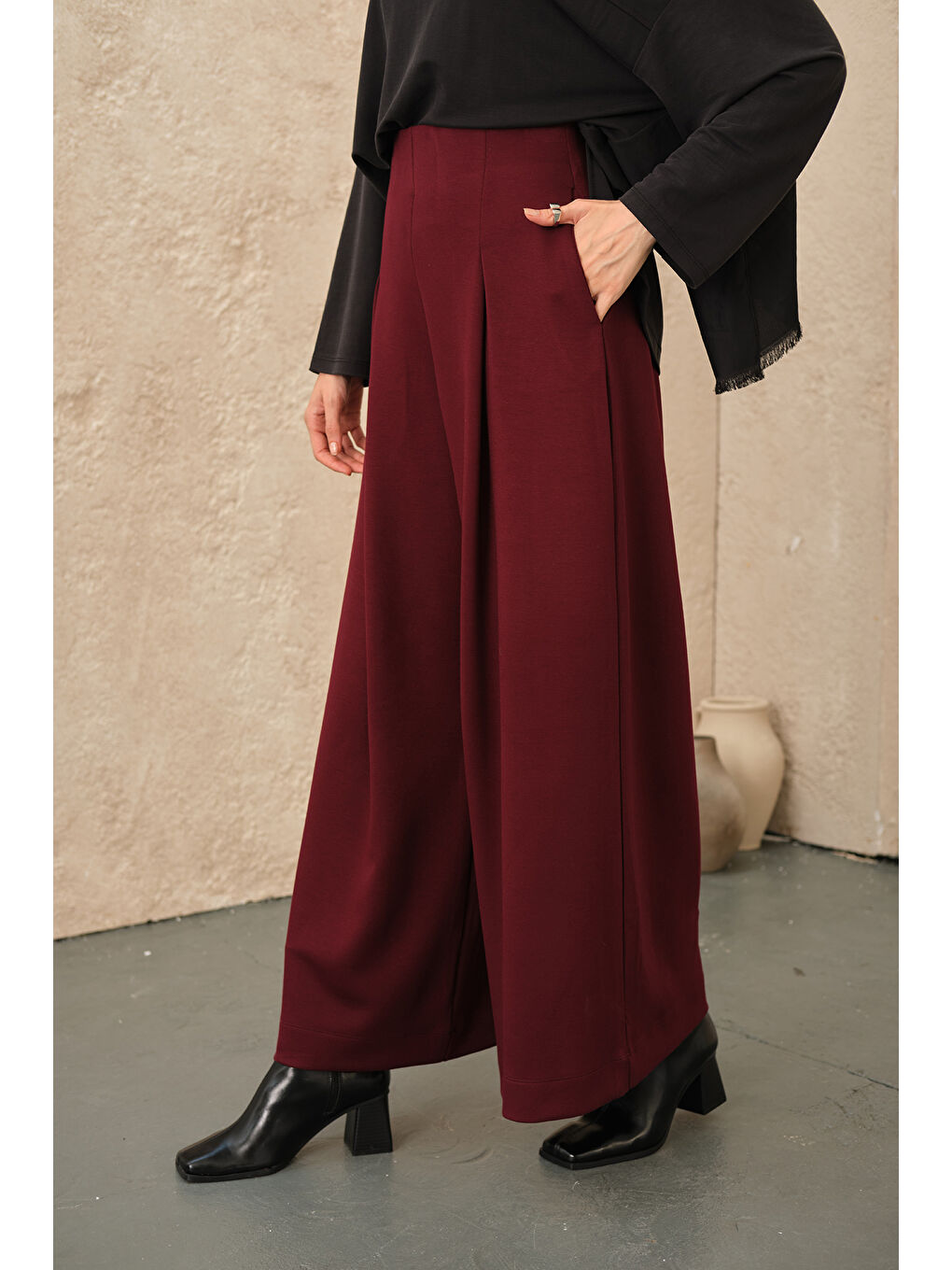 Kadın Pile Detay Pantolon Bordo-1