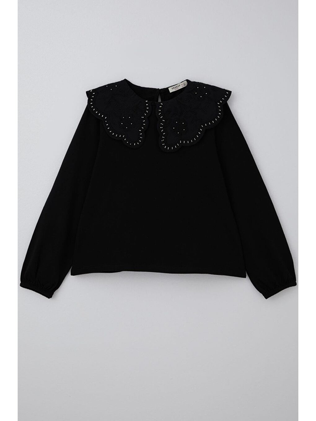 Kız Çocuk Uzun Kollu Bluz Çiçek Nakışlı Güpür Yaka Siyah (7-14 Yaş)