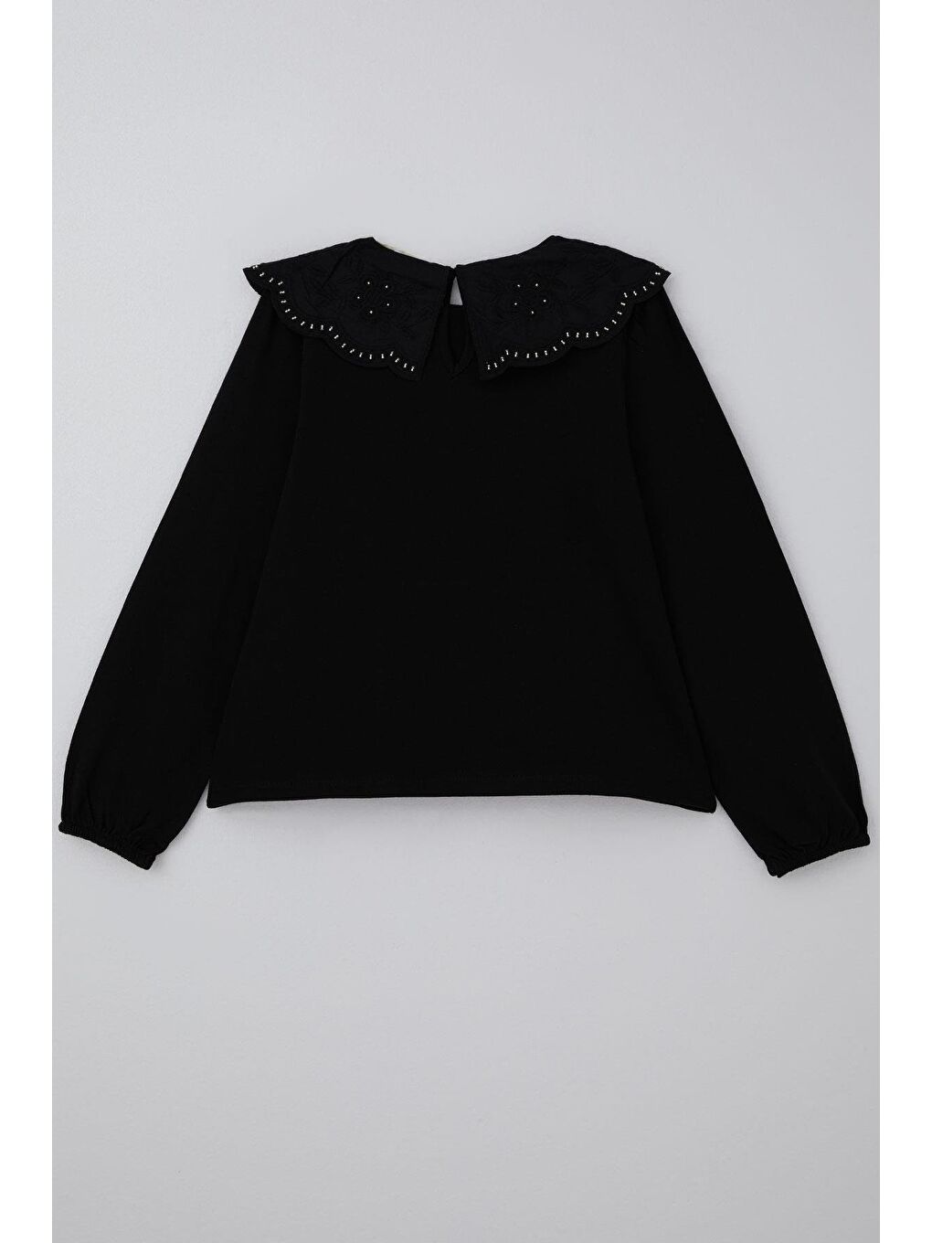 Kız Çocuk Uzun Kollu Bluz Çiçek Nakışlı Güpür Yaka Siyah (7-14 Yaş)-1