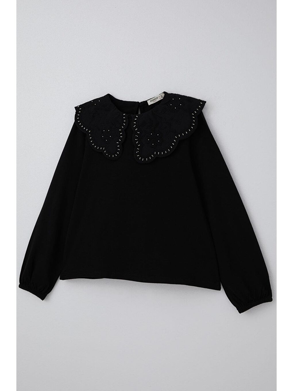 Kız Çocuk Uzun Kollu Bluz Çiçek Nakışlı Güpür Yaka Siyah (7-14 Yaş)-2