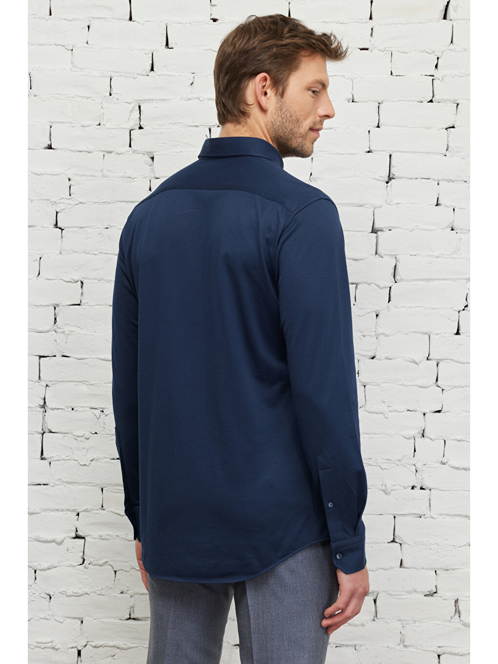 Erkek Lacivert Comfort Fit Geniş Kesim Düğmeli Yaka Pamuklu Gömlek-4