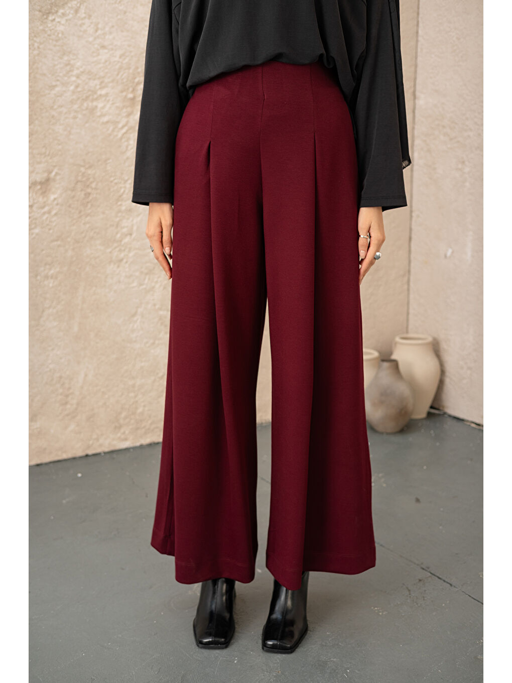 Kadın Pile Detay Pantolon Bordo-2