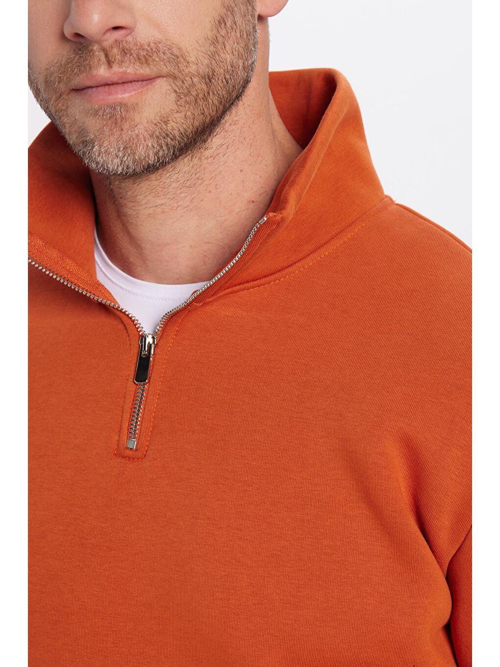 Kahverengi Unisex Relax Fit Rahat Kesim Pamuklu İçi Polarlı Yarım Fermuarlı Kiremit Renk Dik Yaka Sweatshirt-2