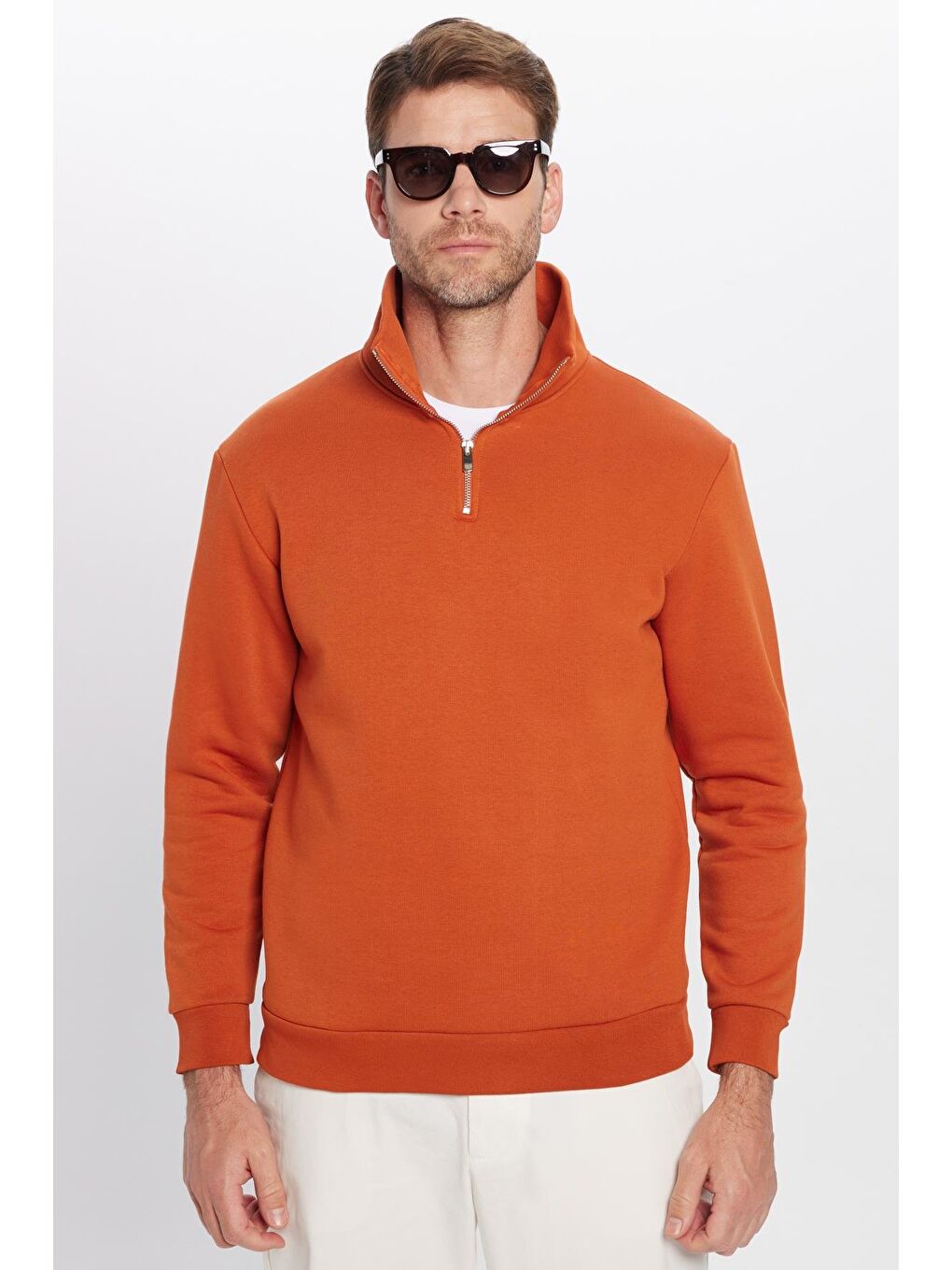 Kahverengi Unisex Relax Fit Rahat Kesim Pamuklu İçi Polarlı Yarım Fermuarlı Kiremit Renk Dik Yaka Sweatshirt-3