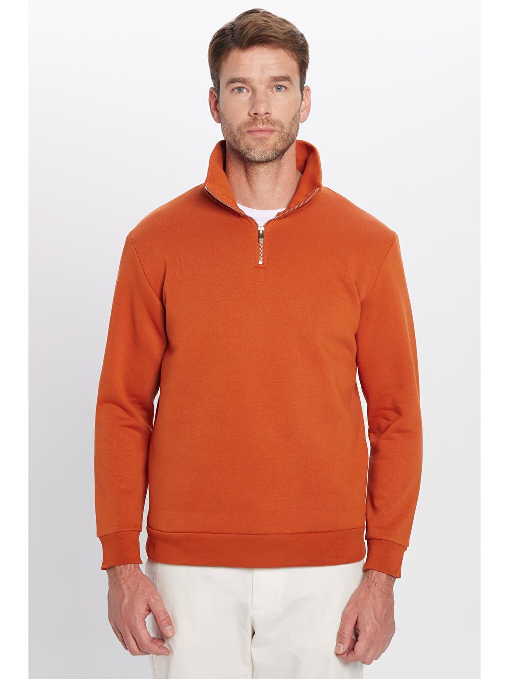 Kahverengi Unisex Relax Fit Rahat Kesim Pamuklu İçi Polarlı Yarım Fermuarlı Kiremit Renk Dik Yaka Sweatshirt-4