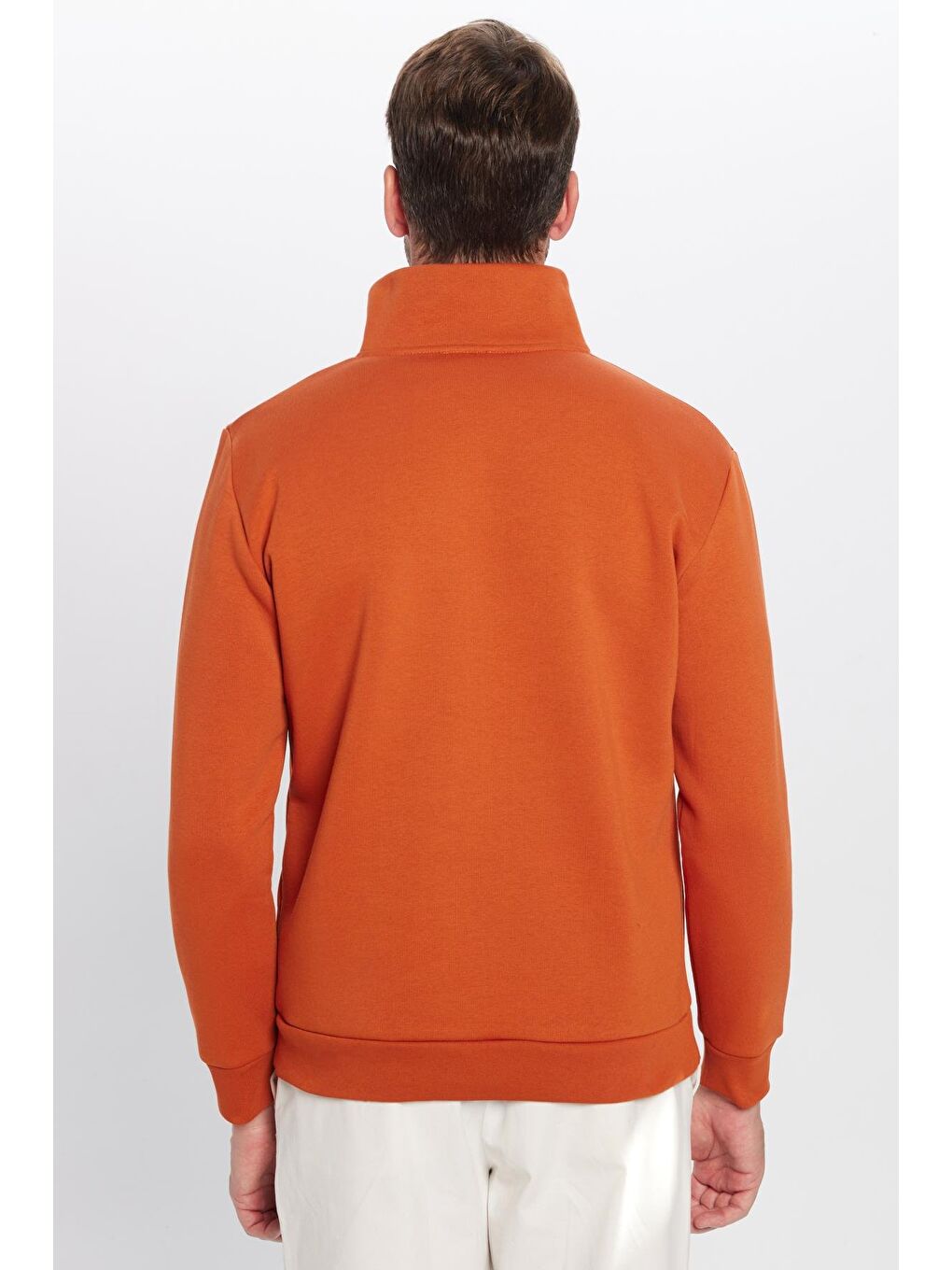 Kahverengi Unisex Relax Fit Rahat Kesim Pamuklu İçi Polarlı Yarım Fermuarlı Kiremit Renk Dik Yaka Sweatshirt-5