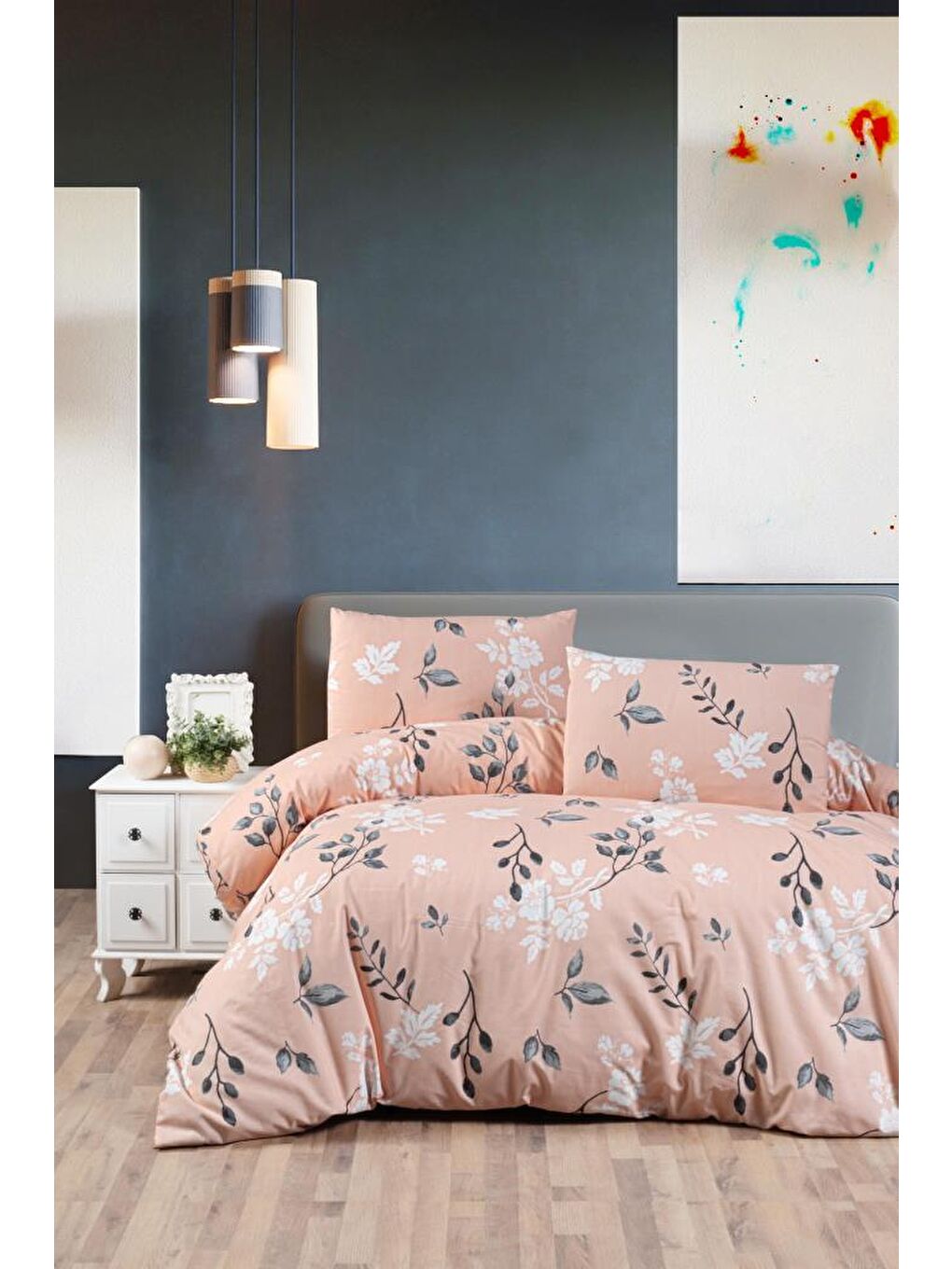 Turuncu Rahel Çift Kişilik Lastikli Çarşaf Nevresim Takımı