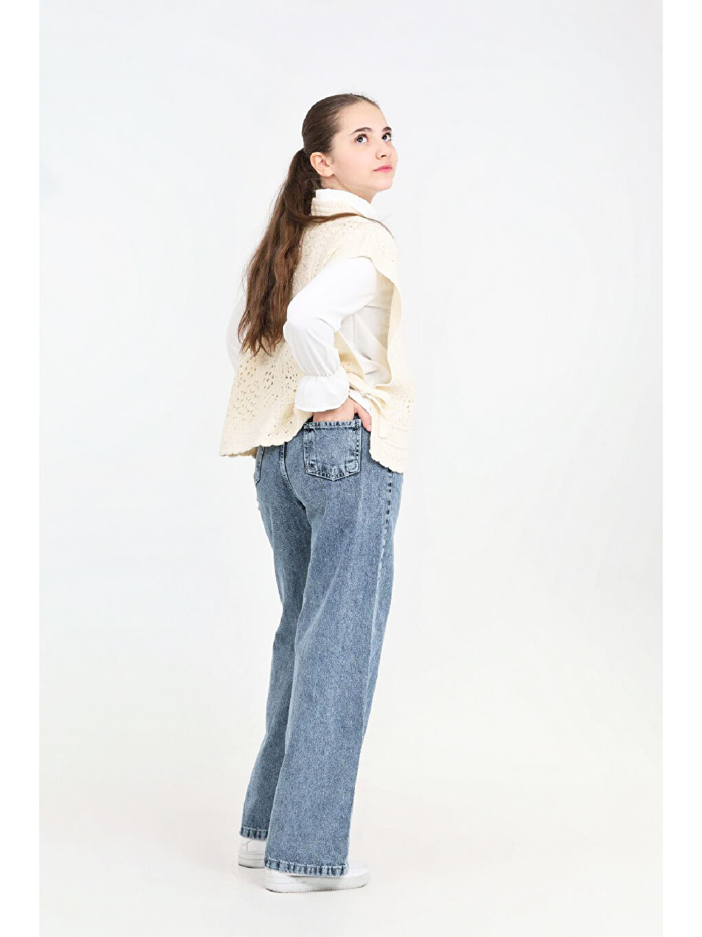 Beyaz Kız Çocuk 3'lü Jean Takım (Pantolon+Gömlek+Triko Yelek) 5-15 Yaş 12545-3