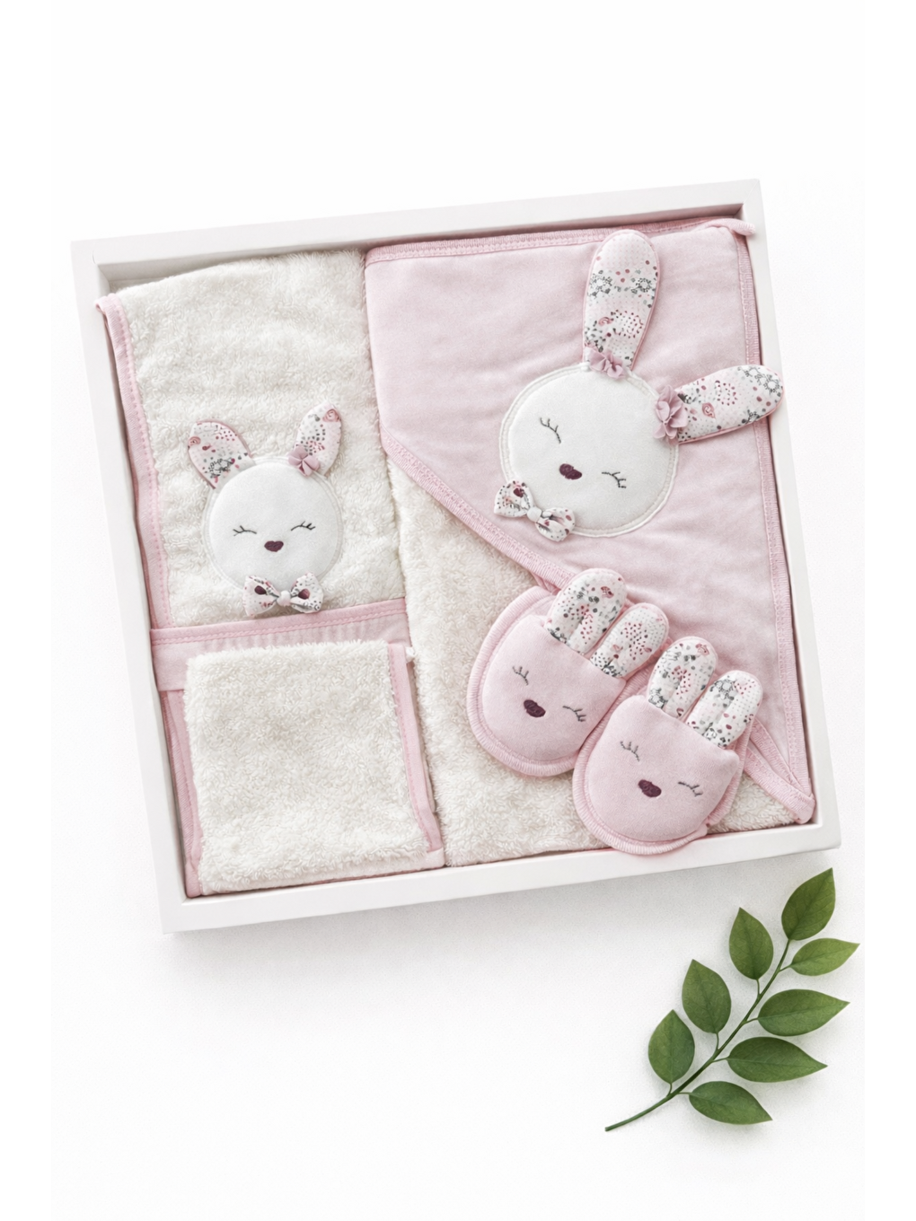 Pembe Kutulu Lüx 0-24 ay Bebek Havlu Bornoz Seti 4 Parça Unisex Tavşanlı Terlik Dahil