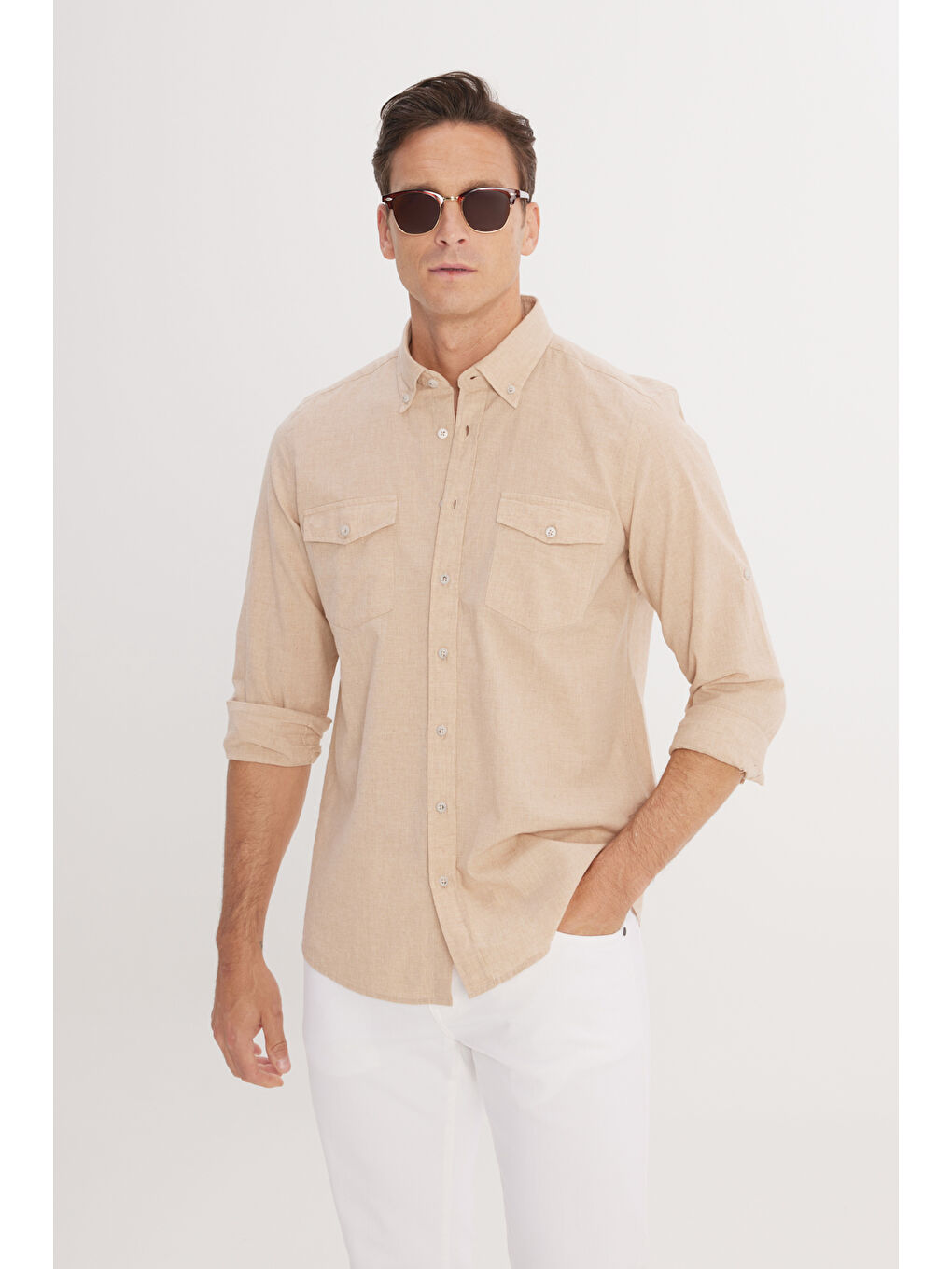 Erkek Bej Slim Fit Dar Kesim Düğmeli Yaka Oxford %100 Pamuk Gömlek