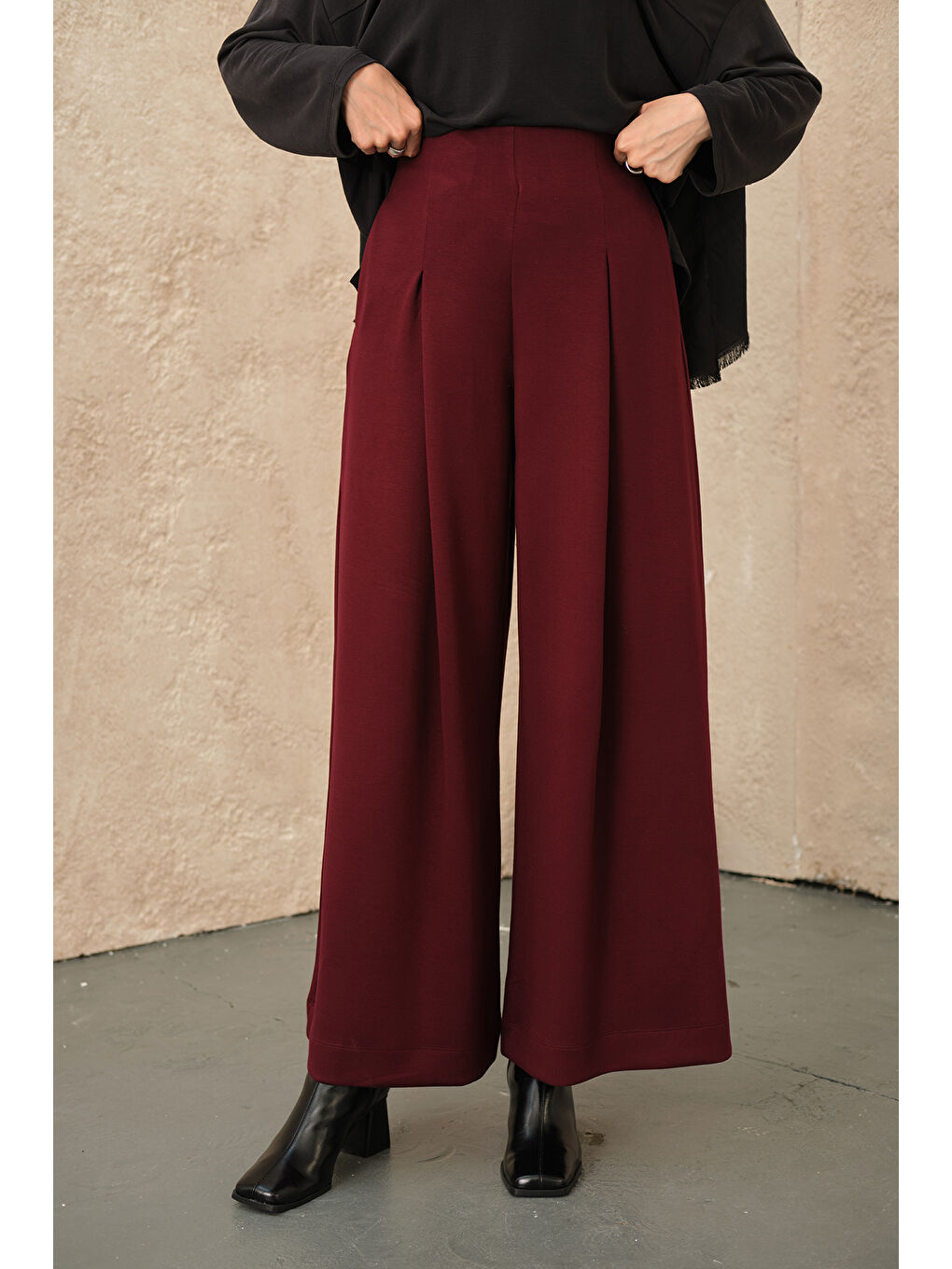 Kadın Pile Detay Pantolon Bordo-3