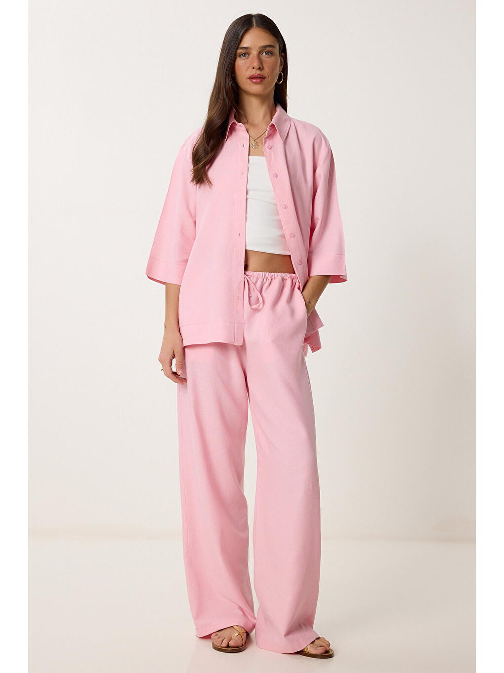 Pembe Keten Gömlek Pantolon Takım PEMBE LDP0058-1