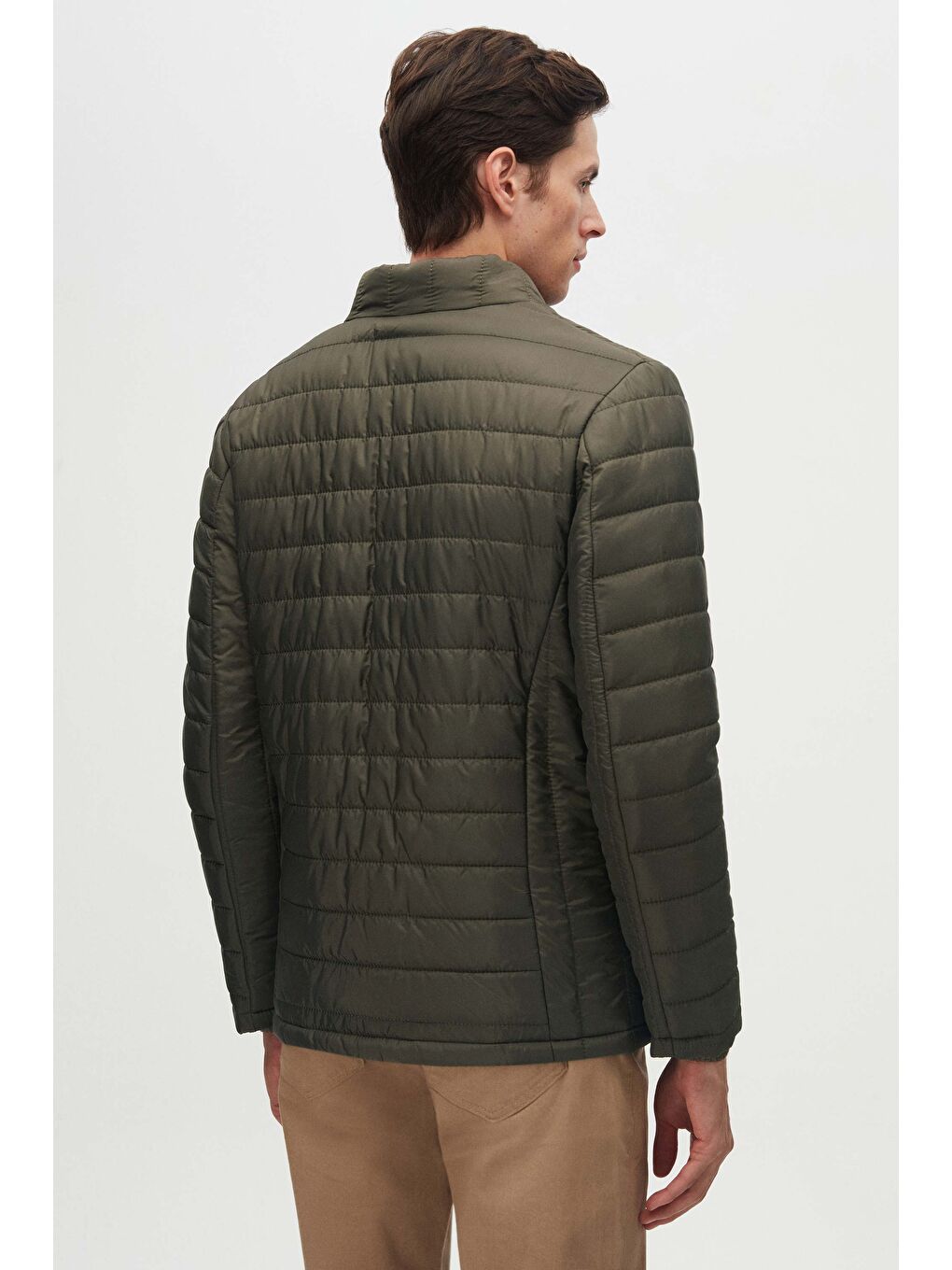 Slim Fit Haki Rüzgar Geçirmez Elyaf Dolgulu Şişme Mont-3