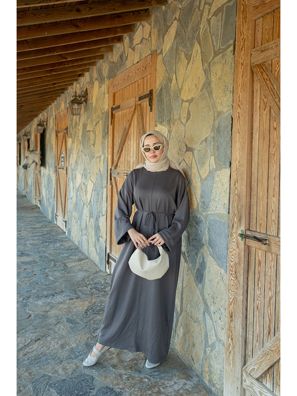 Kadın Dikiş Detay Bağlamalı Elbise Gri-1