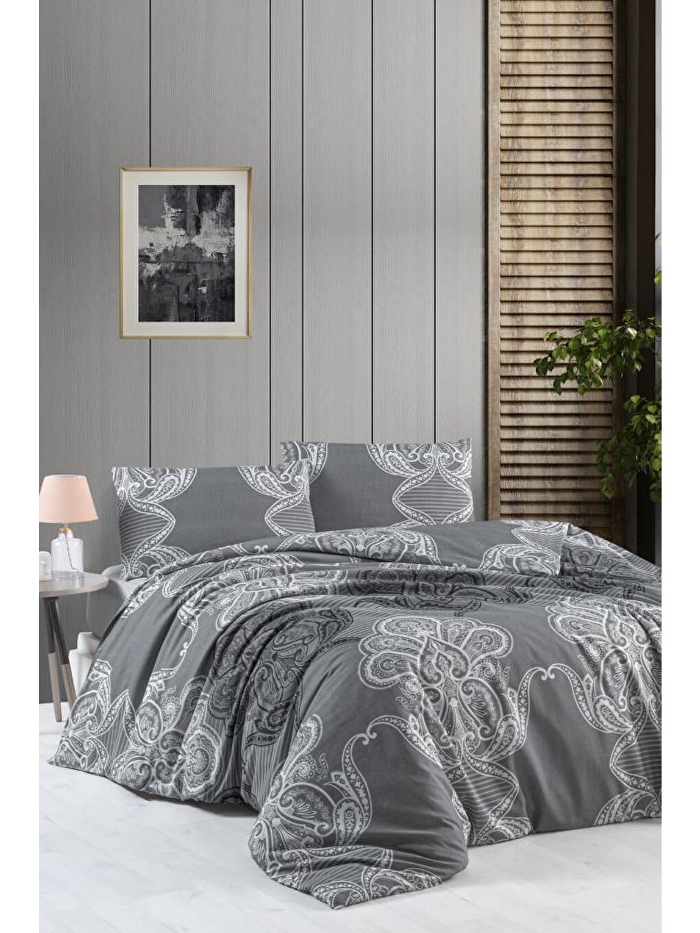 Antrasit Tivoli Çift Kişilik Lastikli Çarşaf Nevresim Takımı