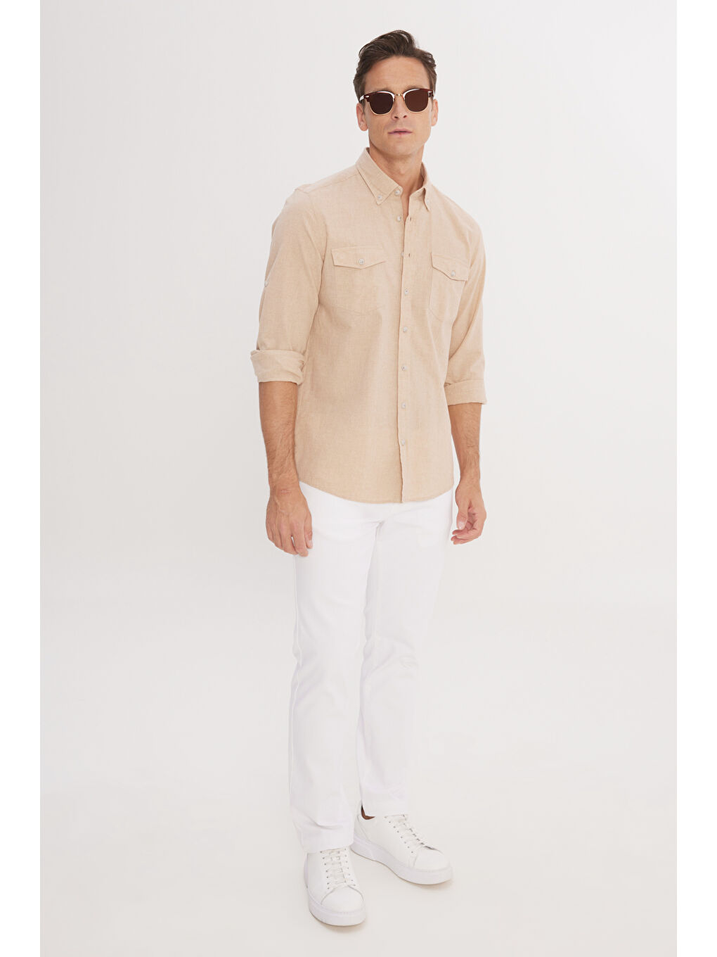 Erkek Bej Slim Fit Dar Kesim Düğmeli Yaka Oxford %100 Pamuk Gömlek-1