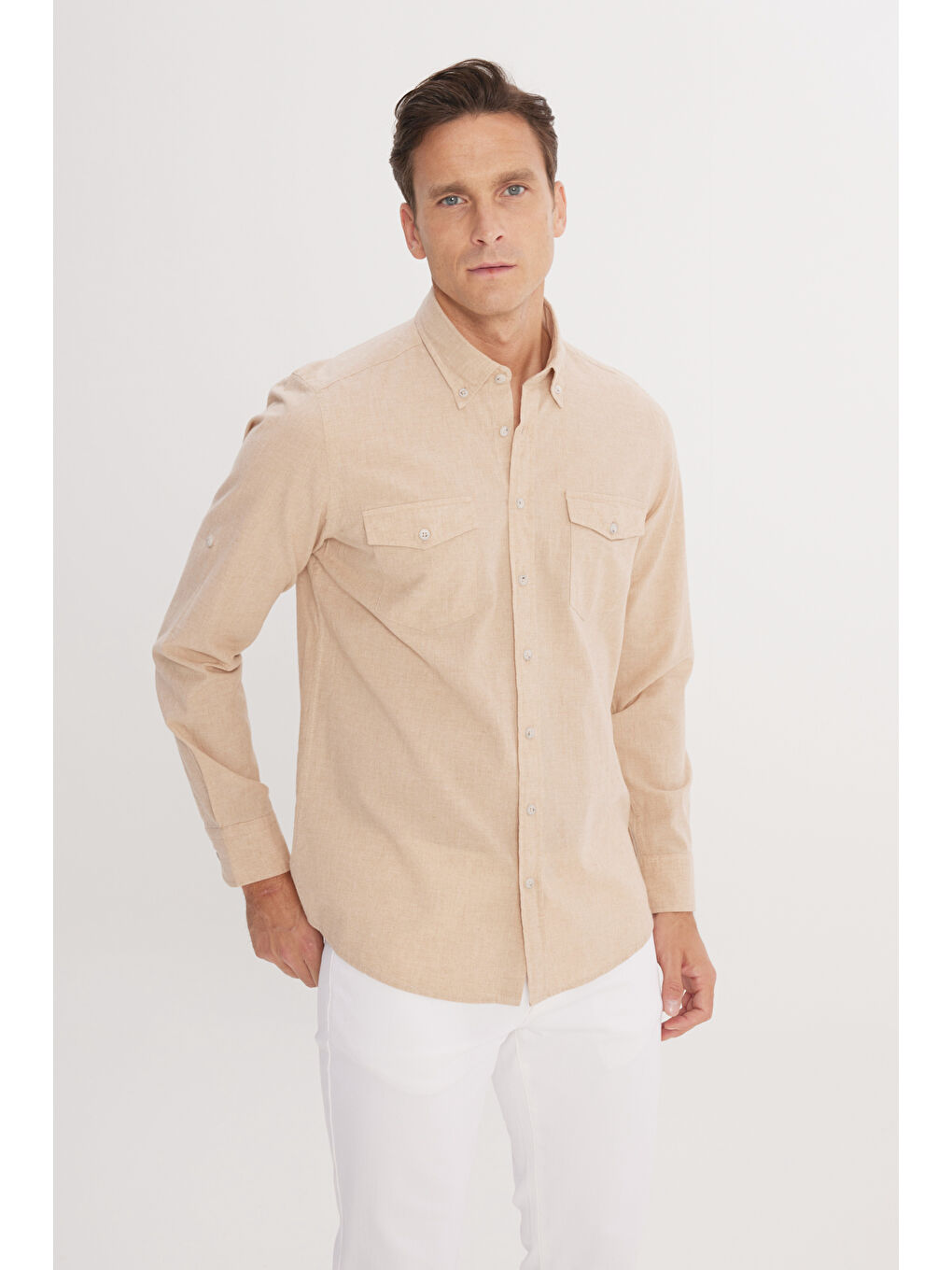 Erkek Bej Slim Fit Dar Kesim Düğmeli Yaka Oxford %100 Pamuk Gömlek-2