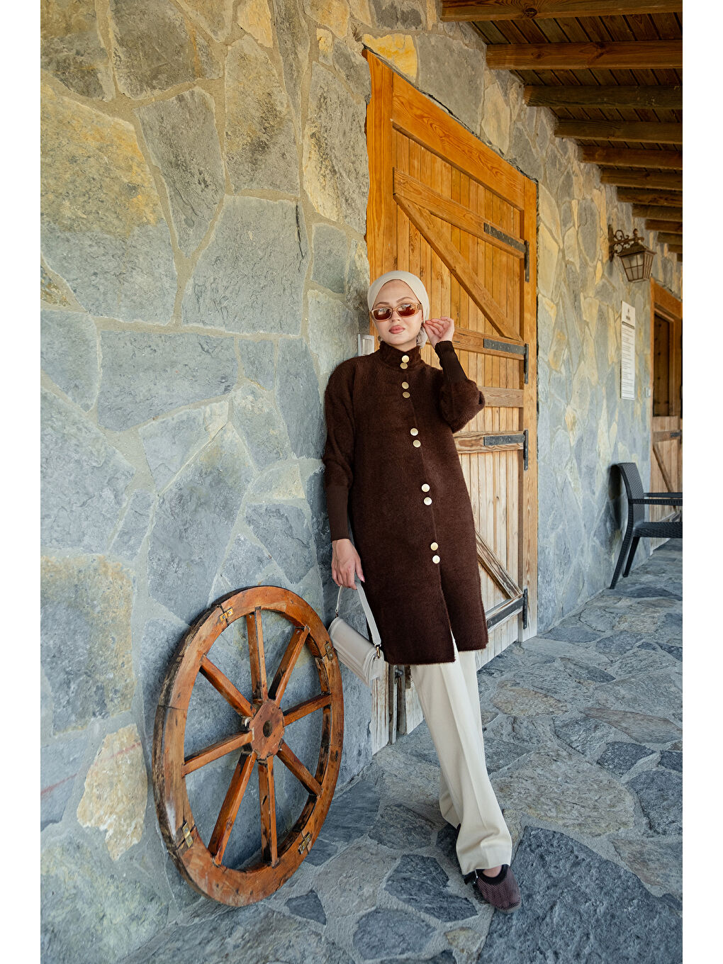 Kadın Düğmeli Triko Ceket Kahverengi-1