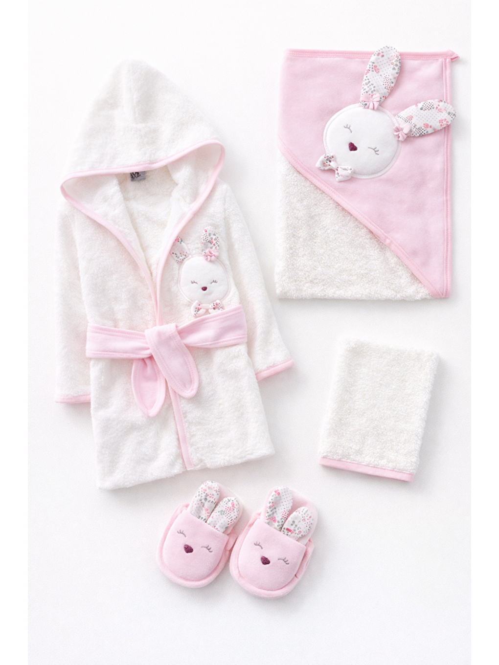Pembe Kutulu Lüx 0-24 ay Bebek Havlu Bornoz Seti 4 Parça Unisex Tavşanlı Terlik Dahil-2