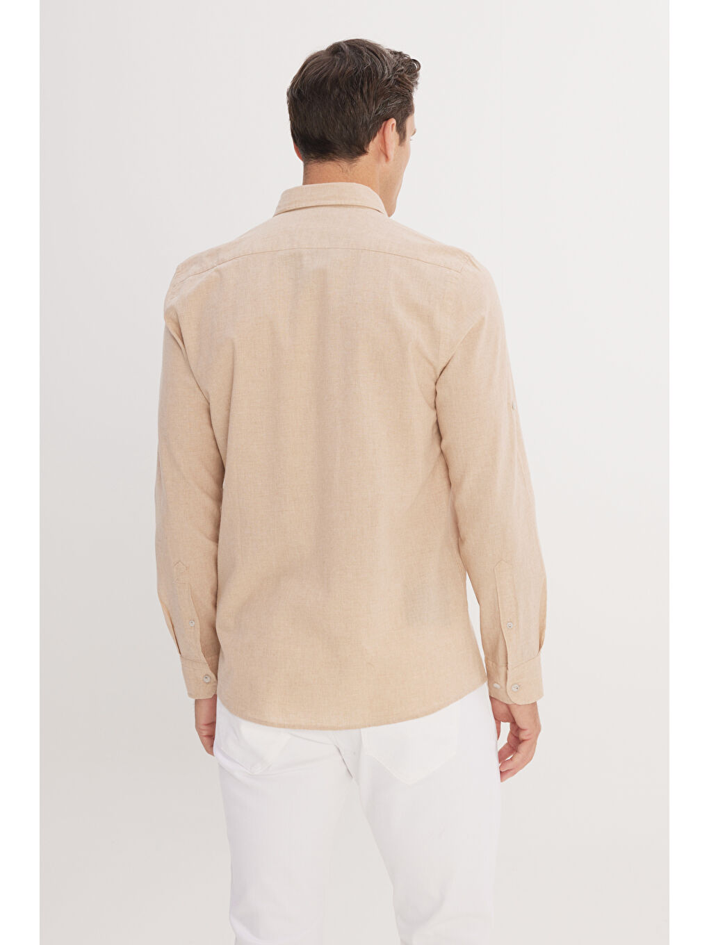 Erkek Bej Slim Fit Dar Kesim Düğmeli Yaka Oxford %100 Pamuk Gömlek-4