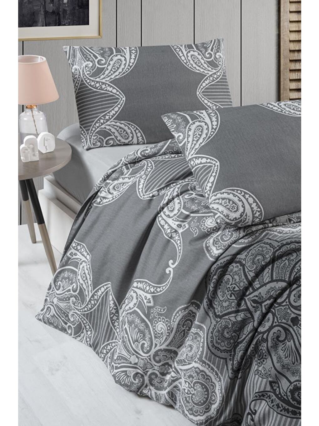 Antrasit Tivoli Çift Kişilik Lastikli Çarşaf Nevresim Takımı-1